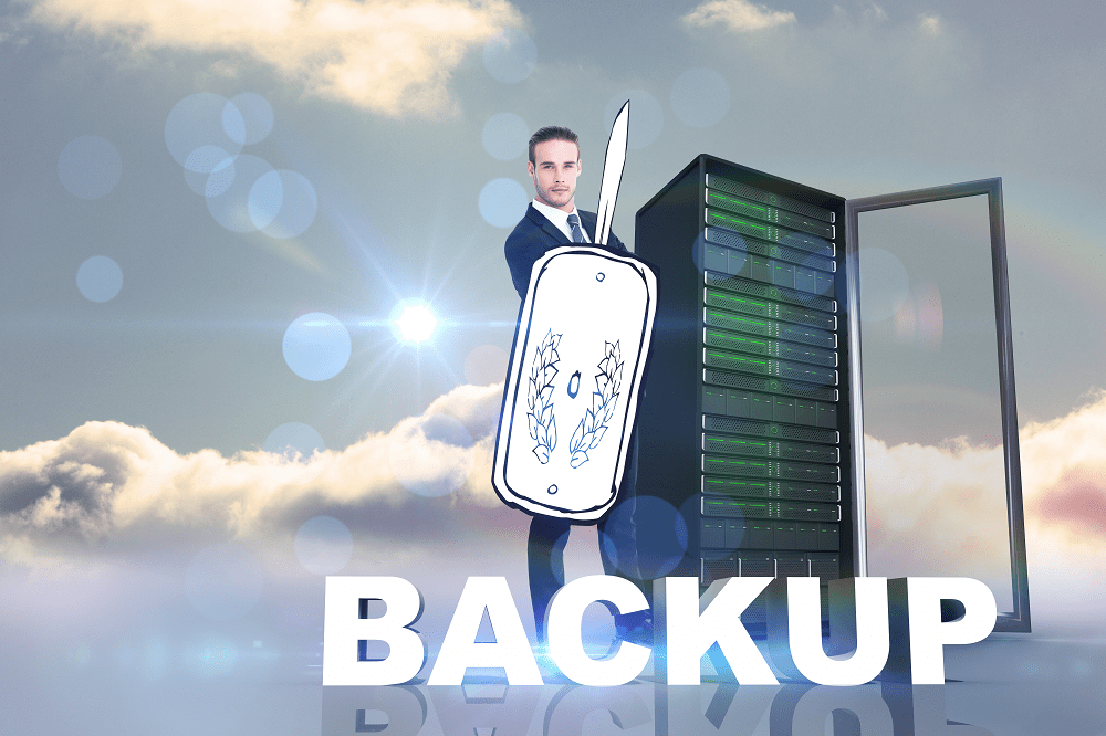 Server-Backup-Strategies sm Businessman with sword and shield by server, server backup concept