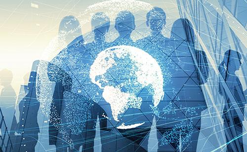 A futuristic digital composite image featuring silhouettes of IT consulting professionals overlaid with a glowing globe and interconnected network lines. The image represents global business, technology, and digital connectivity in a modern corporate environment.